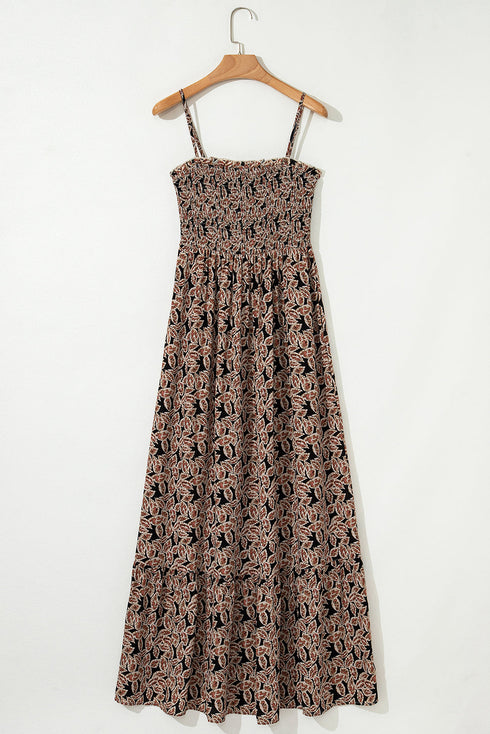 Botanical Print Shirred Bodice Tiered Flowy A-Line Maxi Dress